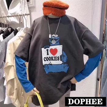 

Korean Fake Two Piece Long Sleeve T-shirt for Women 2020 Spring New Ins Cartoon Print Loose Tee Oversize Shirts Femme