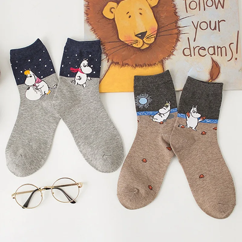 

New Autumn And Winter Women Mumin Socks Hippo Cartoon Animal Funny Middle Tube Footwear 1pair Drop Shipping 4colors