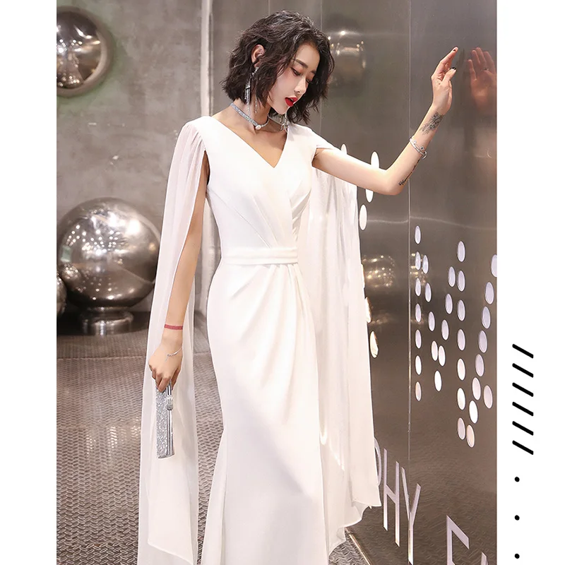 Это Yiiya вечернее платье Элегантное белое с v-образным вырезом Robe De Soiree LF232 сексуальное раскол шаль размера плюс Вечерние платья Русалка для женщин
