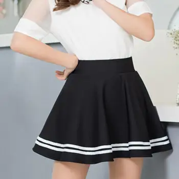 

Women Fashion Solid Color High Waist Stripe Pleated A Line Mini School Skirt