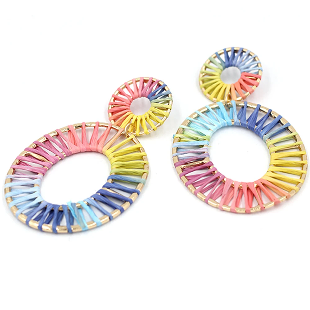 

2019 Summer New Hollow Out Big Oval Segment dyeing RAFFIA Stud Earrings Happiness Sky Wheel Boho Women Trend Gift Stud Earring