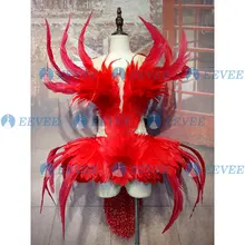 Красное платье с перьями, костюм для сцены, сексуальная, просвечивающаяся рубашка мысли певица Производительность наряд Бар ночной клуб DS DJ вечерние рейв боди