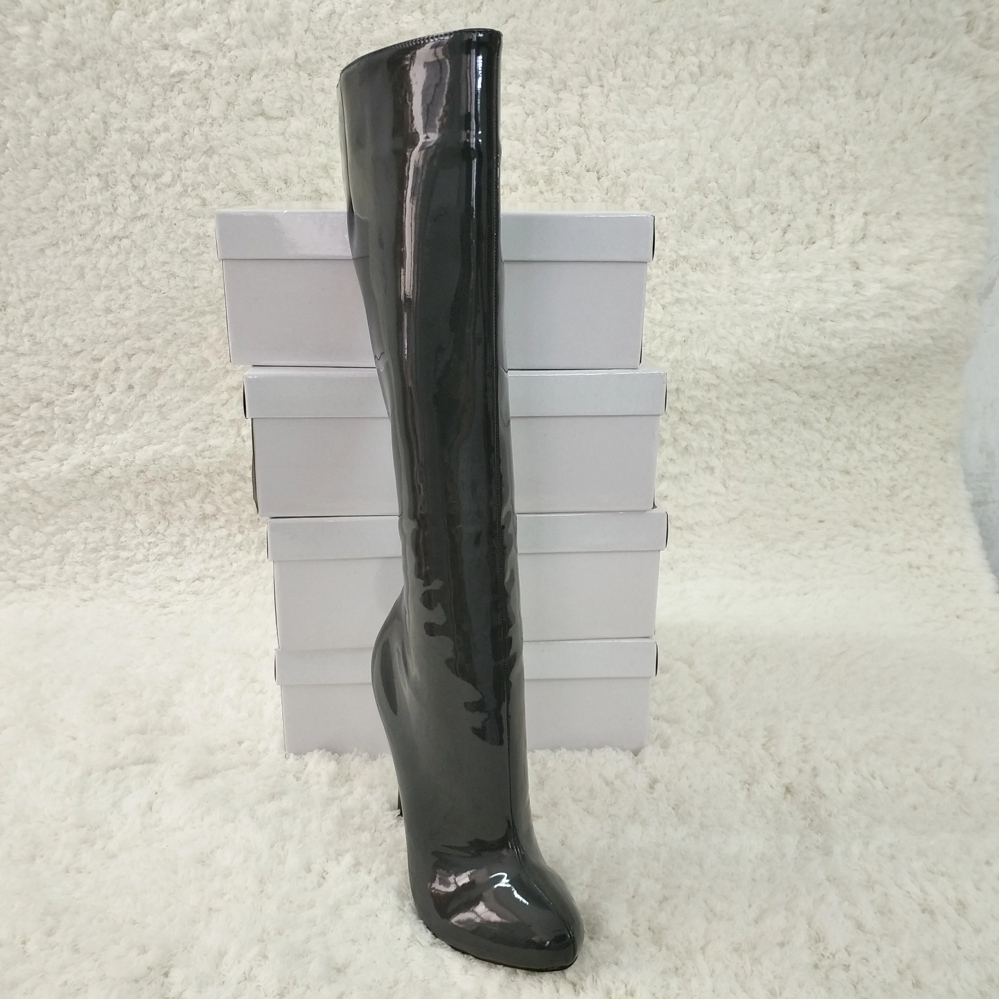 

Women Stiletto Thin High Heel Knee-High Boots Round Toe Grey Patent Fashion Evening Party Ball Lady Office Long Boots 0640CBT-b