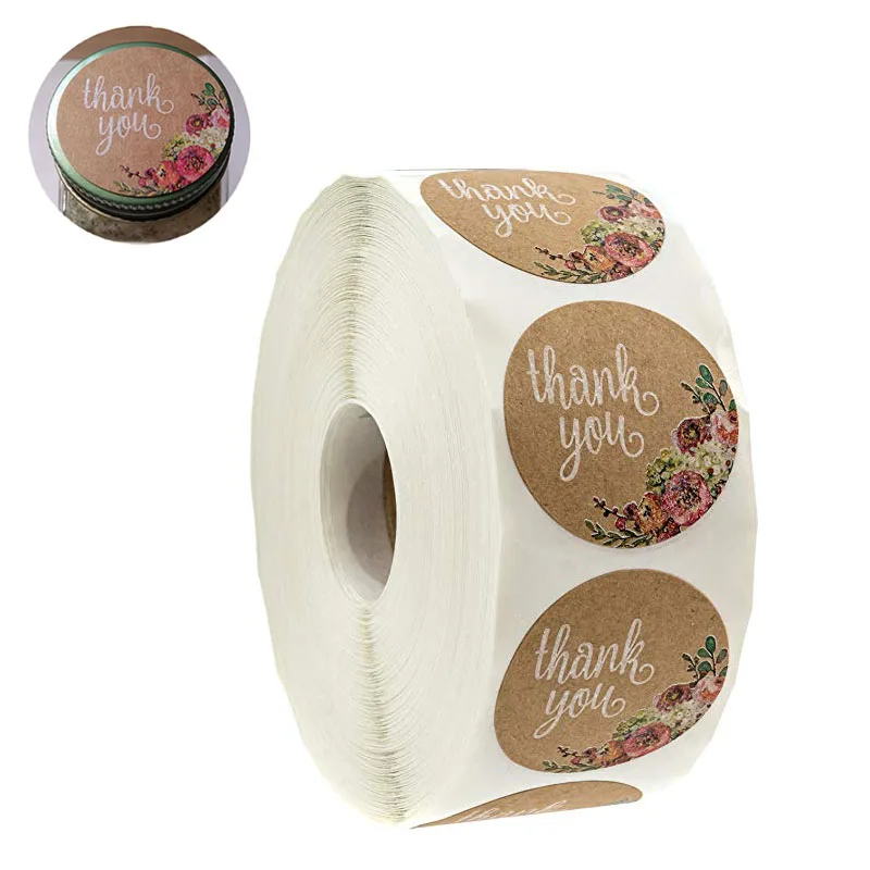 Коричневые наклейки из крафт бумаги с цветочным рисунком и надписью thank you s