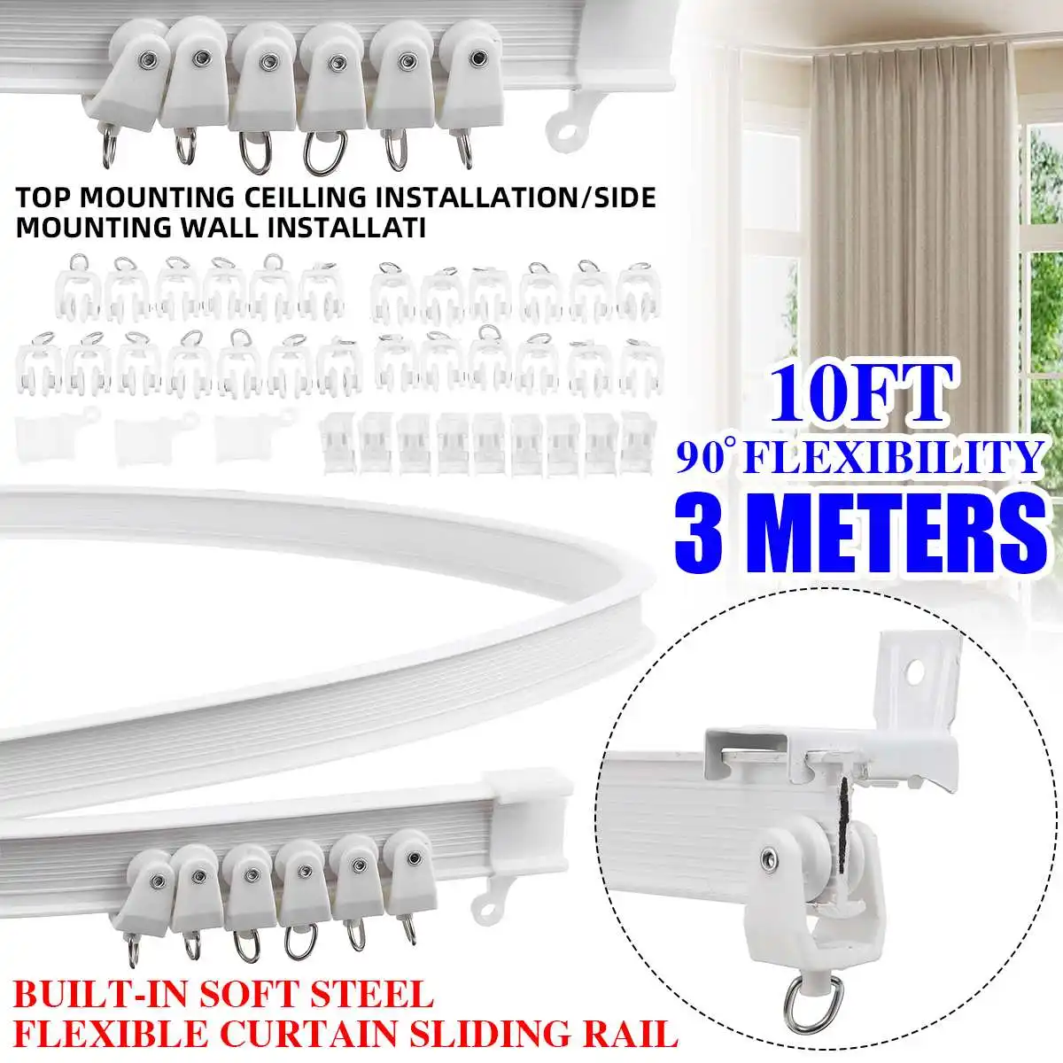 3M Curtain Track Rail Flexible Ceiling Mounted For Straight Slide Windows Balcony Plastic Bendable Home Window Decor | Дом и сад