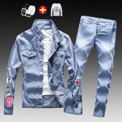 Модная мужская вареная джинсовая куртка, джинсы, штаны комплект из 2 предметов, пальто с длинными рукавами и аппликацией Повседневная