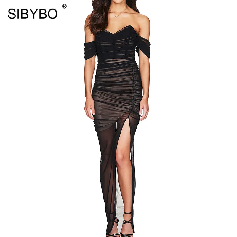 Черный SIBYBO, сексуальное длинное платье с двойным разрезом, с открытыми плечами, без бретелек, макси платье, женское пляжное, с открытой спиной, Клубные, вечерние, длинное - Цвет: Черный
