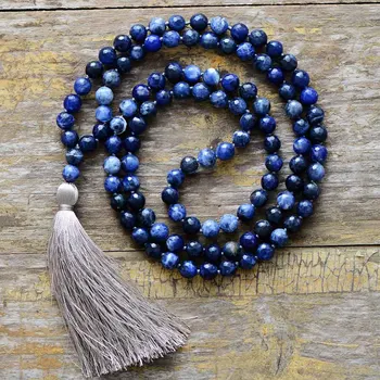 Meditation Necklace 8MM Natural Faceted Sodalite Soft Tassel Necklace Women Lariat 108 Beads Mala Necklace Dropshipping