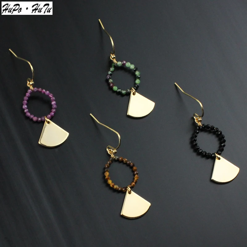 

Pure Handmade Natural Stone Earrings Triangle Sector Earrings Authentic Gold Color-Preserving Electroplated Ruby Green Seal