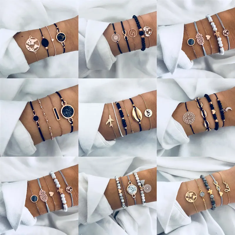 Модная богемная цепочка с черными бусинами, браслеты для женщин, модные браслеты в форме сердца, карта Луны, золотой цвет, цепочка, Набор браслетов, ювелирное изделие, подарок
