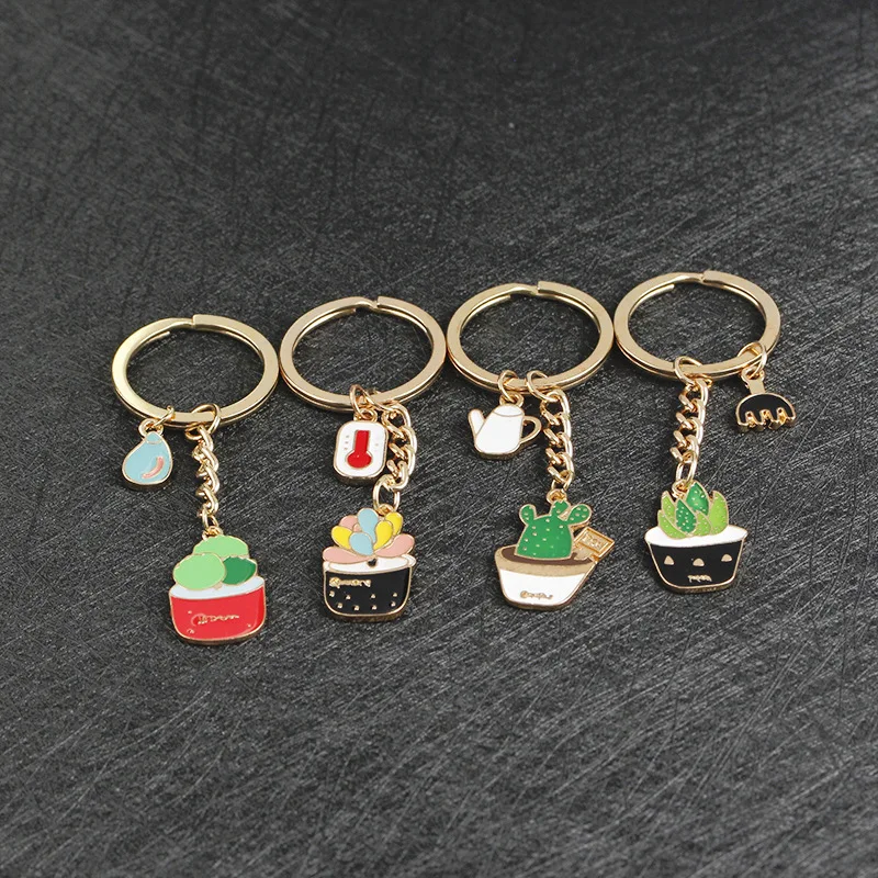 Эмалированный горшечный брелок с зеленым растением-КАКТУСОМ женский для ключей