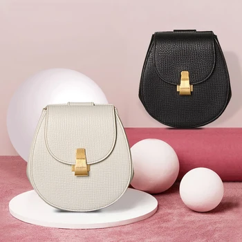 

Fashion Handbag Genuine Leather Retro Women Messenger Bag Horseshoe Buckle Simple Semi circle Saddle Purse-in Top-Handle Bags