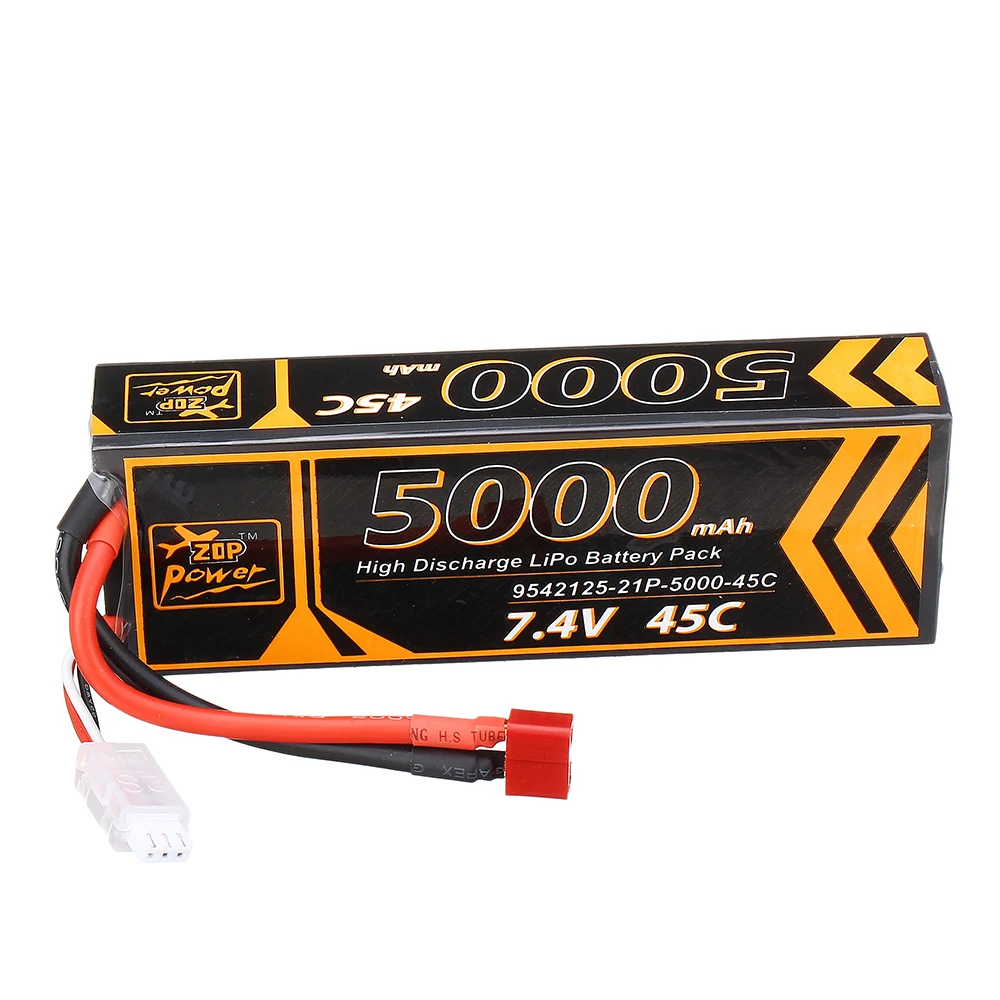 

2PCS ZOP Power 7.4V 5000mAh 45C 2S Lipo Battery T Plug for RC HPI HSP 1/8 1/10 Buggy RC Car Truck Axial Scx10