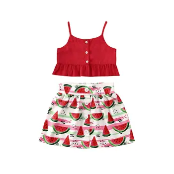 

1-5Years 2PCS Set For Toddler Kids Baby Girls Summer Clothes Sling Vest Tops+watermelon Printed Skirts