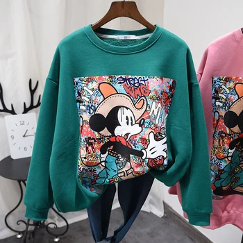 

New 2020 Spring and Autumn Women Plus Velvet Pullover Shirt Loose Big Size Graffiti Cartoon Mickey Lamb Wool Hoodie Sweatshirt