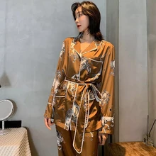 

Spring Autumn Pajama Suit Silk 2Pcs Long Sleeve Ladies Loose Pyjama with Belt Satin Comfortable Sleepwear for Female Luxury