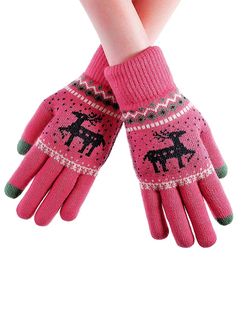 Женские зимние перчатки с сенсорным экраном двойной теплый и бархатный утолщение Студенческая трикотажная пряжа олень черный