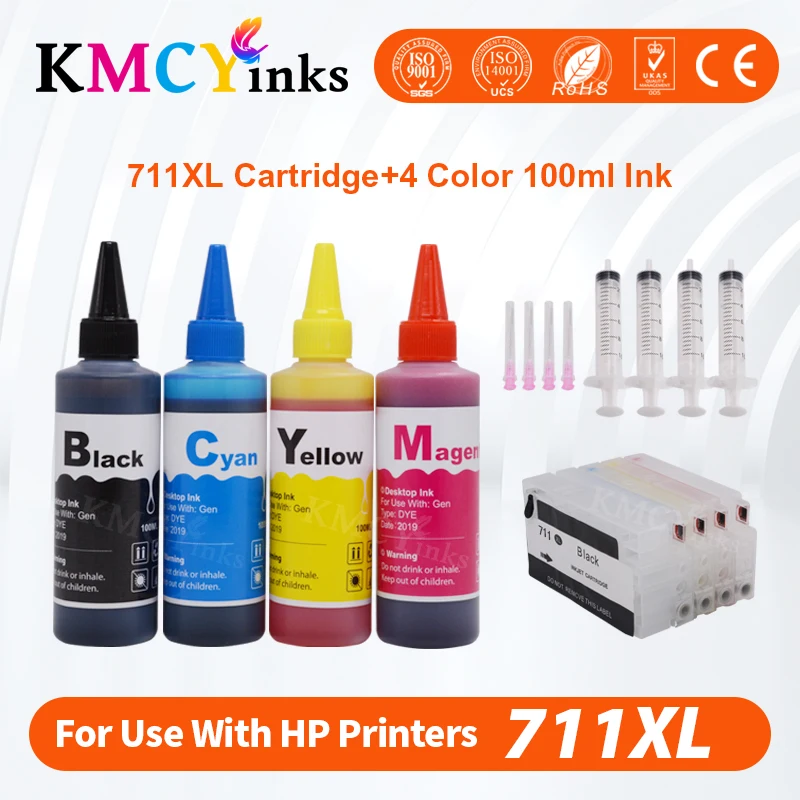 Совместимый сменный картридж KMCYinks для HP 711 XL заправляемые чернила 4 цвета с чипами