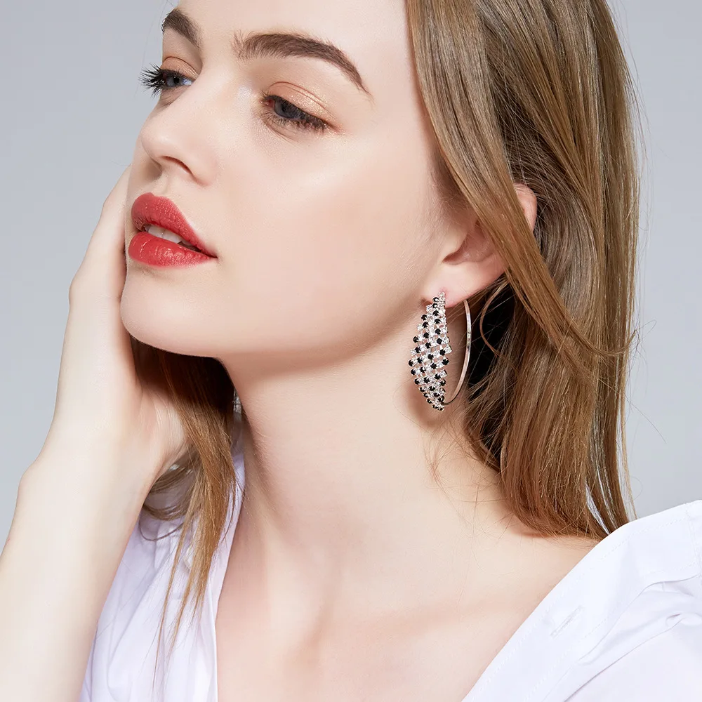 

Fashion Hyperbole Big Hoop Earrings Nightclub Queen Style Black And White Rhinestone Thick Earrings Women Neon Accesorios Mujer