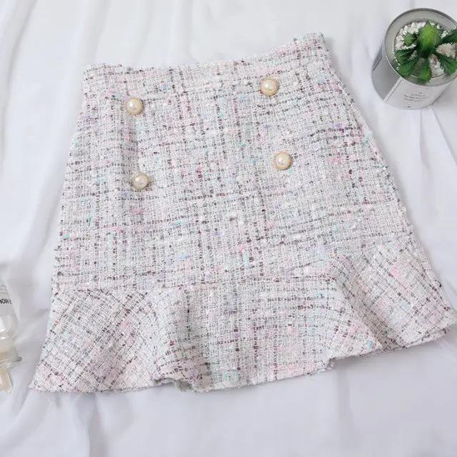 Белый New Korean of High Waist Tweed Skirt with Button Wool Half-length Black Skirt Autumn Winter - Цвет: Белый