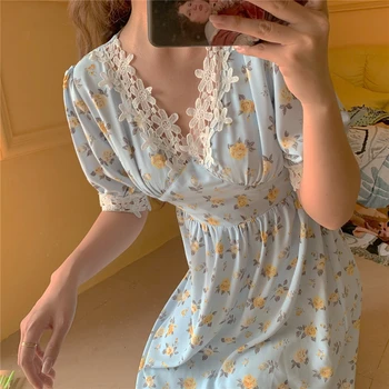 

2020 New French Retro Floral Short-sleeved One-piece High Waist Mid-length Skirt Summer Dress