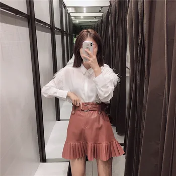 

Women High-waisted Pleated Pu Leather Sash Mini Skirts Ladies Ruffled A-line Party Club Wear Sexy Short Skirt