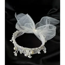 

New fairy lace beaded hairband bow veil bridal wedding dress modeling headdress wedding hair accessories