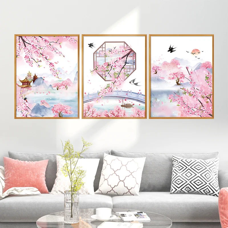 

Pink Peach Blossom Wall Stickers Living Room Sofa TV Backdrop Wall Decoration Poster Bedroom Removable PVC Chinese Mural