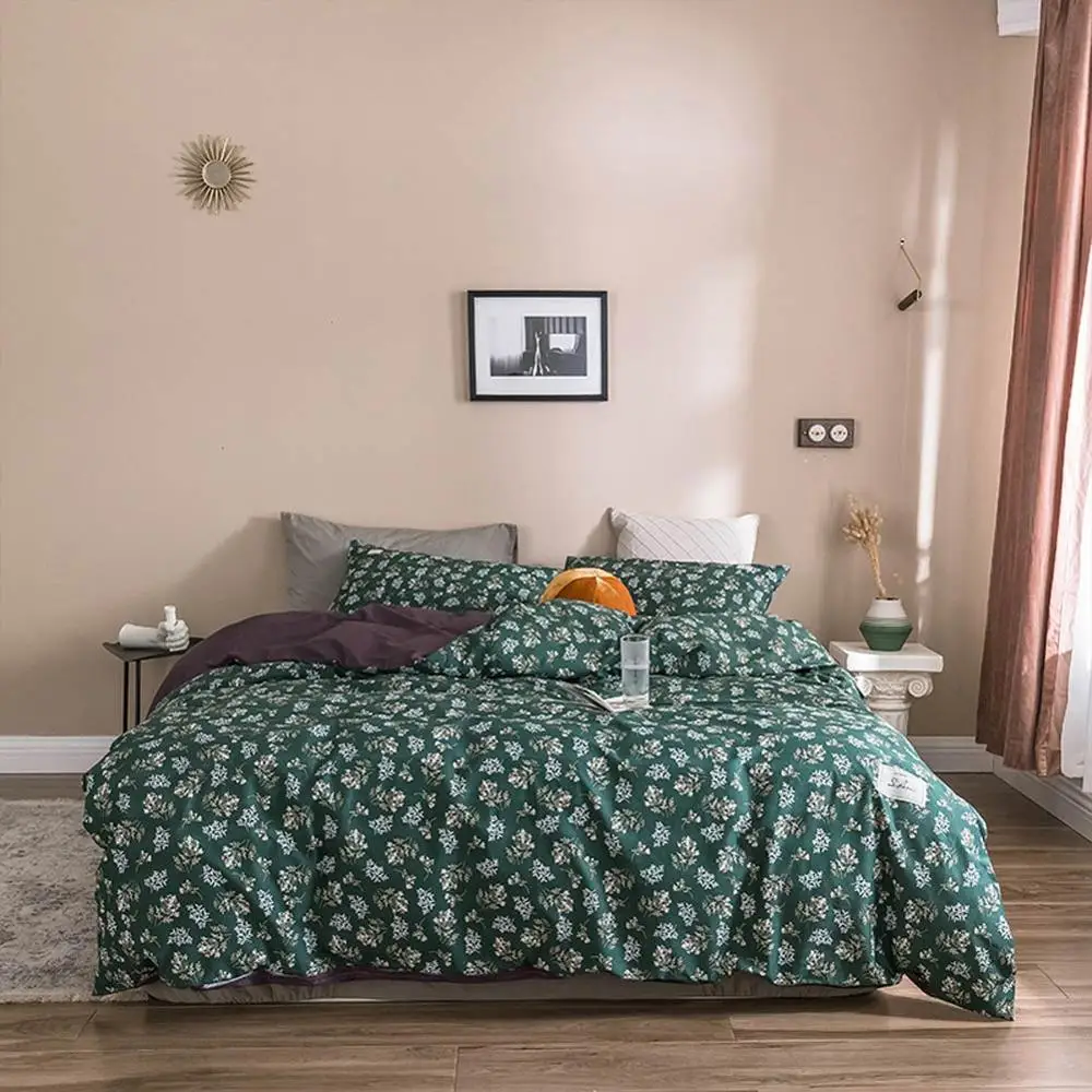 

Floral Flowers Green Purple INS Bedding Sets Twin Queen King Flat Sheet Fitted Sheet High Count Cotton Bedlinens Duvet Cover Set