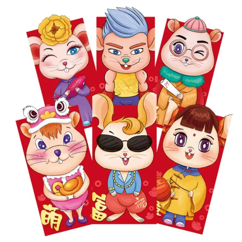 6pcs/set Chinese New Year Red Money Envelope Year of the Rat Cartoon Packet Bag High Quality and Brand New