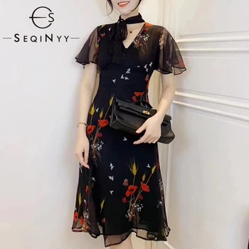 

SEQINYY 100% Silk Dress 2020 Summer Spring New Fashion Design Women Short Sleeve Flowers Print Slim Elegant Chiffon Dress