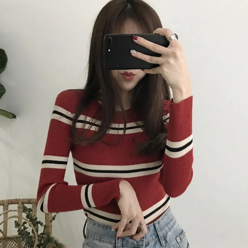 

Female Harajuku Striped Sweater Casual Long Sleeve Knitted Women's Sweaters truien dames Korean Fashion O-neck Pullovers Tops