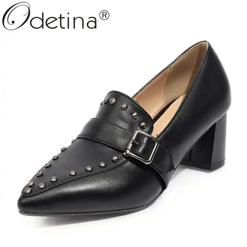 

Odetina Women Fashion Rivet Pointed Toe Buckle Strap Casual Pumps Female Slip On Block High Heel Sewing Vintage Loafers Shoes