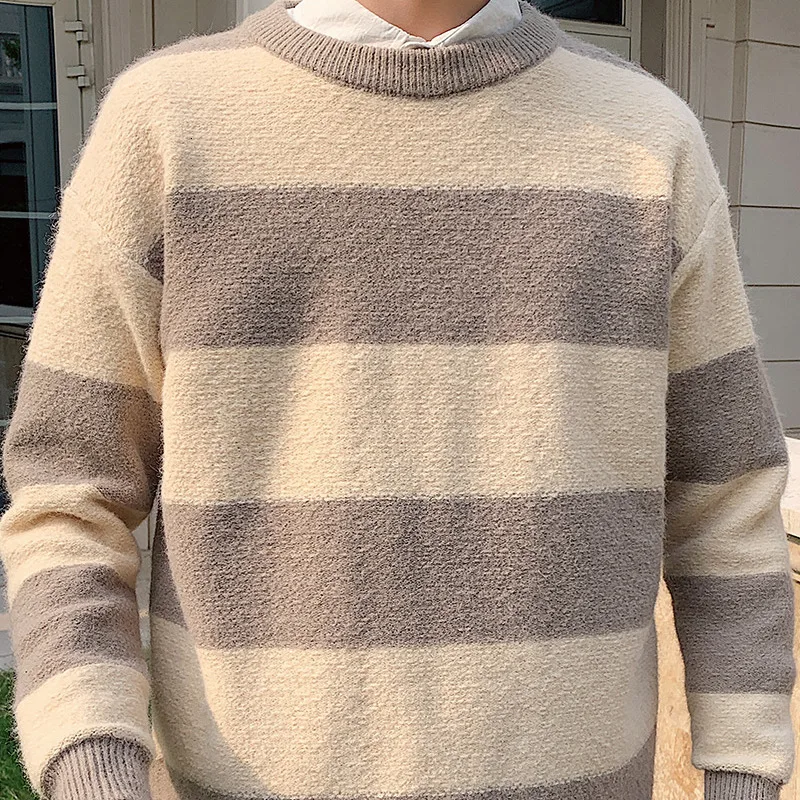 Autumn Striped Sweater Men Warm Slim Fashion Contrast Color Casual Knit Sweater Man Streetwear Long-sleeved Pullover Men Clothes