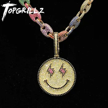 

TOPGRILLZ New Smiling Face Pendant With Tennis Chain Gold Silver Color Bling Cubic Zircon Men's Hip hop Necklace Jewelry Gifts