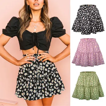 

Women Daisy Printed Pleated Beach Skirts Fashion Flared Short Drawstring High Waist Skirts Summer Vintage Mini Skirts Jupe Femme