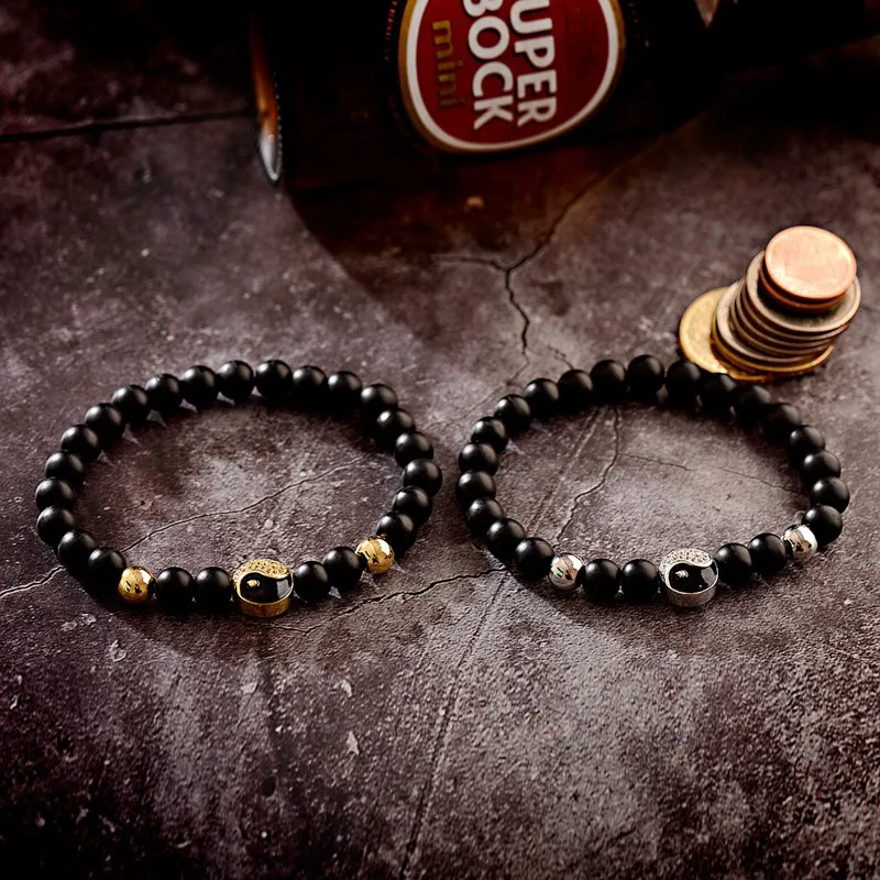 

OIQUEI 2019 Cubic Zirconia Round Tai Chi Bracelet Men Hommes Classic Elastic Black Natural Stone Beaded Bracelet pulsera hombre