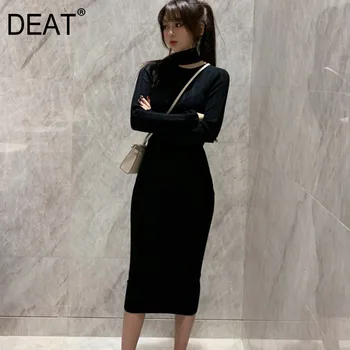 

DEAT 2019 Winter High Qualitynew Stand Collar Full Sleeves Knits Neck Broken Sexy Covered Hips Knits Dress Female Vestido WJ1320