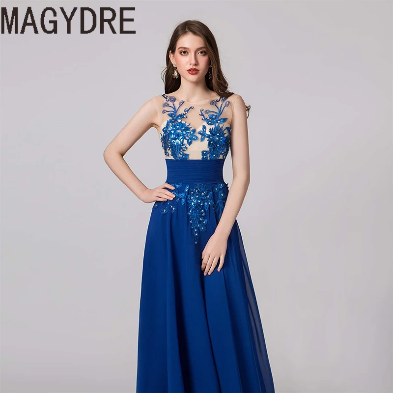 Вечерние платья Длинные трапециевидные аппликации Robe De Soiree o-образным вырезом Иллюзия без рукавов Формальные платья женское элегантное платье
