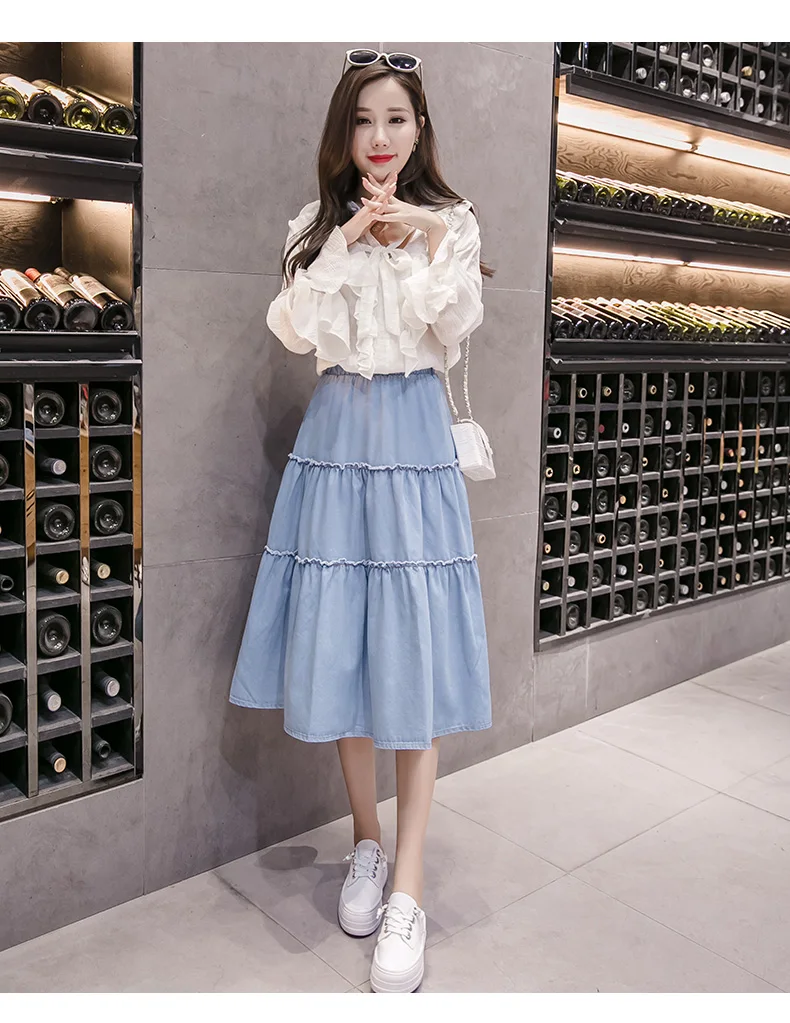 Light Blue Denim Skirts Korean Fashion Women High Waist Long Jeans Skirts Solid Color S-XXXL Midi Saia AE589