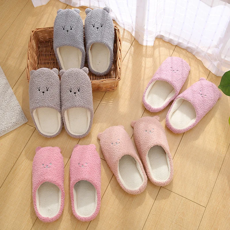 

Autumn Winter Women Slippers Floor Bottom Soft Home Shoes Cute Bear Cotton Men Slippers Slip-On Slides Comfortable Indoor Shoes