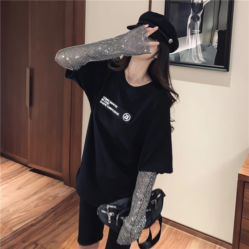 Instagram Супер Популярные буквы тяжелой промышленности поддельные две части лоскутное дрель с длинным рукавом свободная футболка