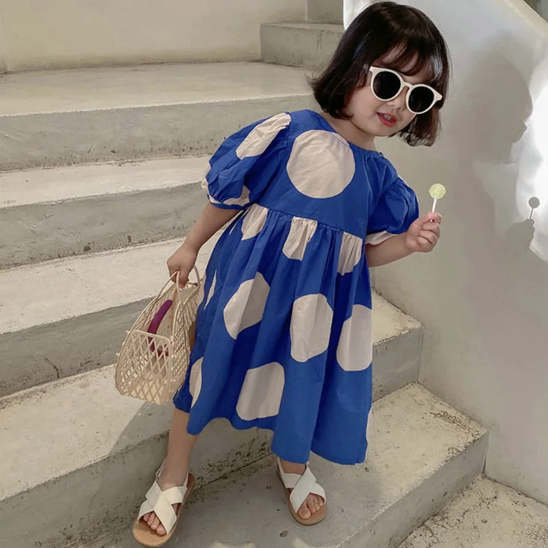Summer Girls Dress Korean Style Fashon Cotton Sweet Big Polka Dot Dress Baby Kids Clothes Children's Clothing girls dress