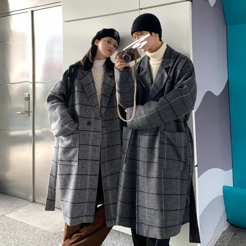 

Men's coat 2020 Autumn winter new slim solid color lovers thickened long coat casual lapel personality youth men's wear