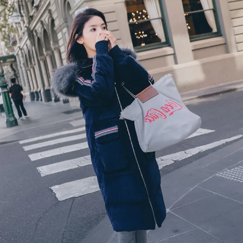 

Photo Shoot Contrast Color Webbing Large Fur Collar Hooded Cotton-padded Clothes Women's CHIC Textured Dark Blue Velvet Loose-Fi