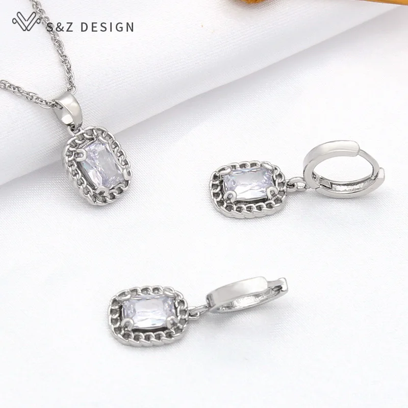 S&Z DESIGN New Cute Square Cubic Zirconia Dangle Earrings Jewelry Sets For Women Party Fashion Pendant Anti-allergy Necklace