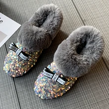 Nieuwe Ontwerp Vrouwen Platte Laarzen Antislip Zool Dame Snowboots Blingbling Fashion Faux Fur Schoenen Voor Winter Plus Size 41