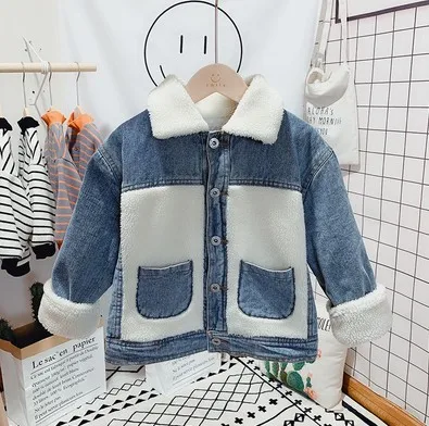only jacket От 2 до 8 лет; Новинка года; Сезон Зима; Модный теплый плотный джинсовый пэтчворк короткий пиджак из овечьей шерсти для мальчиков; детское зимнее пальто - Цвет: only jacket