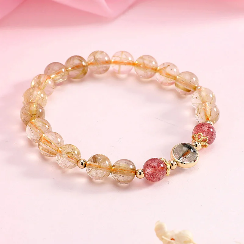 

Natural Green Ghost Gold Hair Crystal Strawberry Crystal Combination Bracelet Female Personality Bracelet