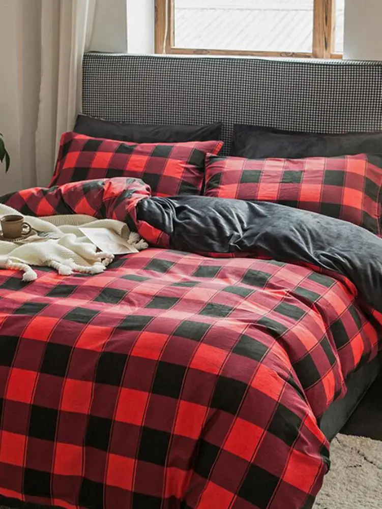 

Red Black Plaid Duvet Cover Set Washed Cotton Bedding Geometric Pattern Quilt Cover Simple Pillowcase Duvet Cover Sets Bed Sheet